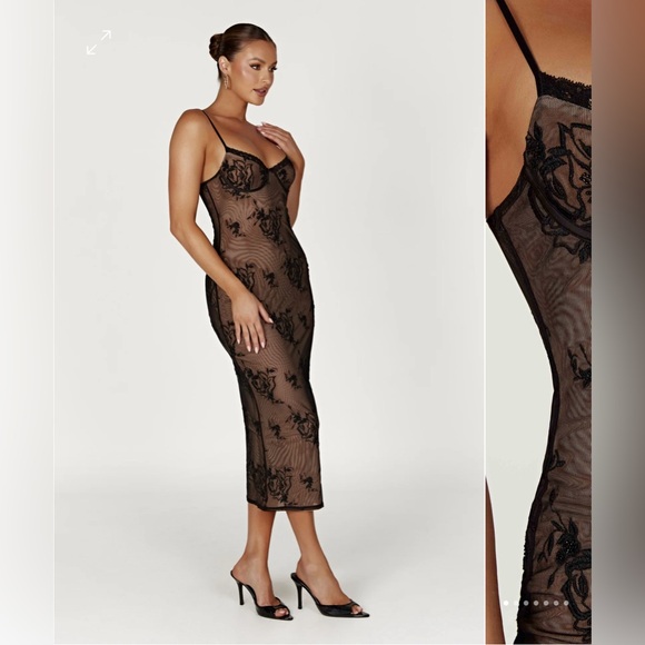 Venice Embroidered Mesh Midi Dress - Black - Picture 1 of 4